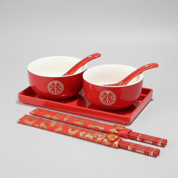 囍字碗匙筷套裝(連托盤)